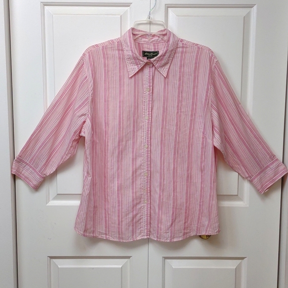 EB Women's Lightweight Cotton Button Down Pink Stripe Casual Shirt 3/4 Sleeve XL - Picture 2 of 10